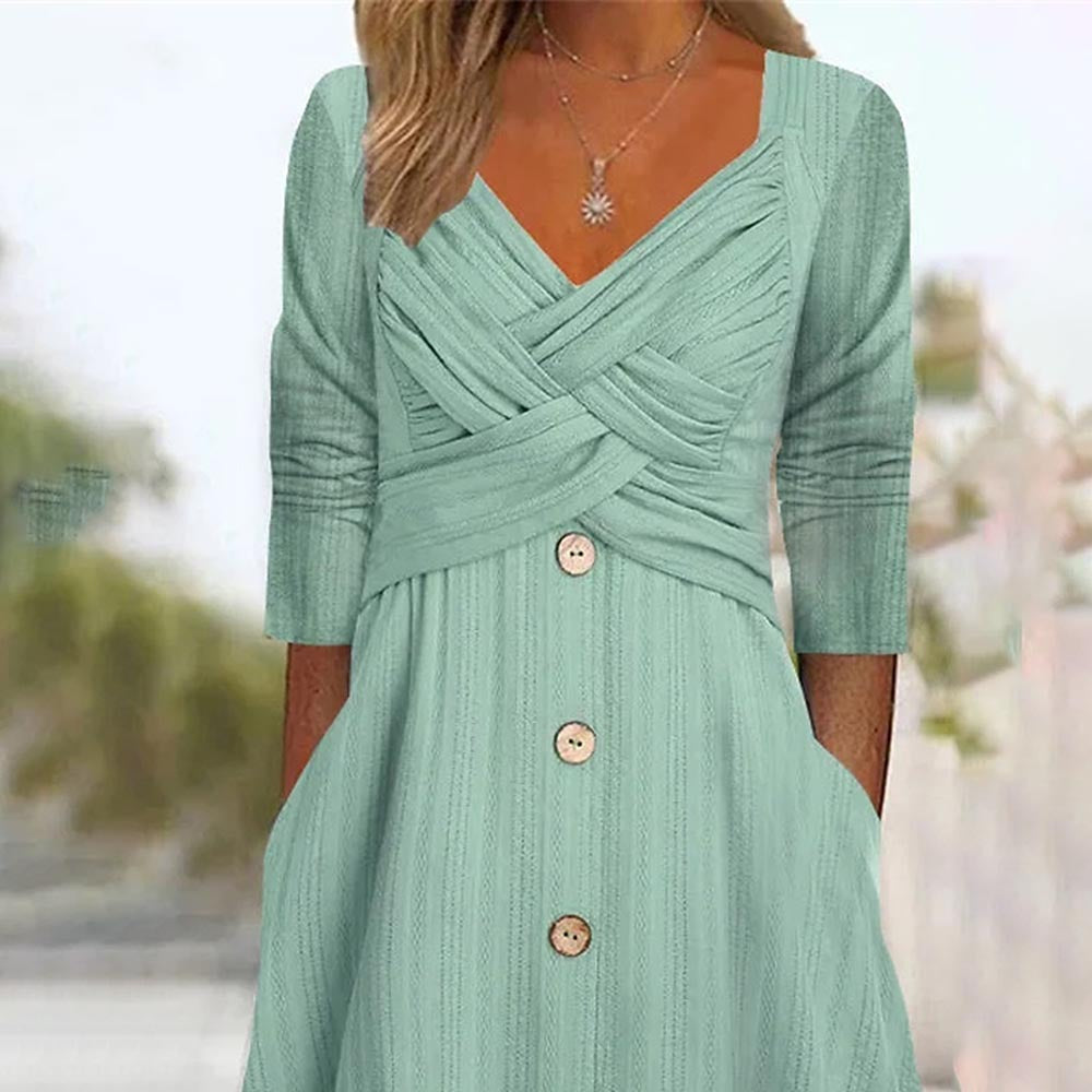 Solid Color Long Sleeve V-Neck Cross Button Casual Dress Long Skirt