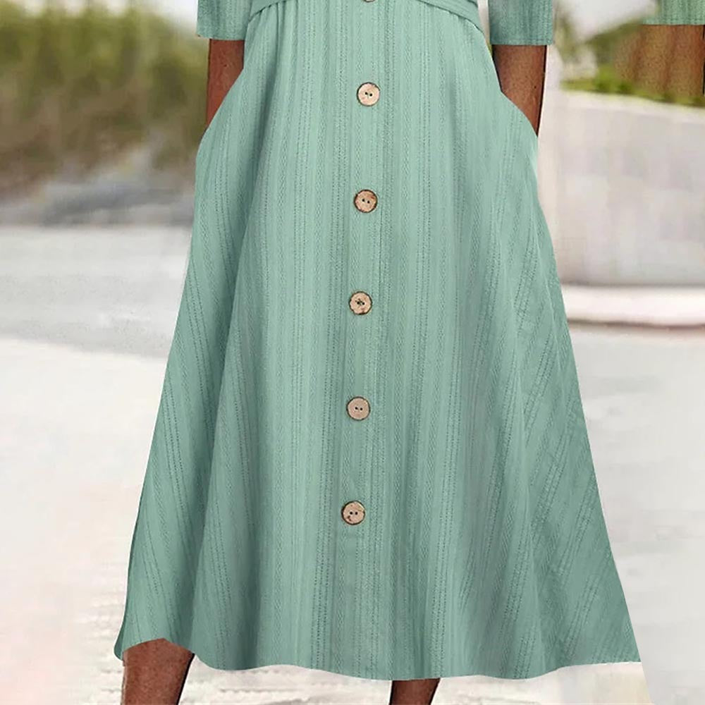 Solid Color Long Sleeve V-Neck Cross Button Casual Dress Long Skirt