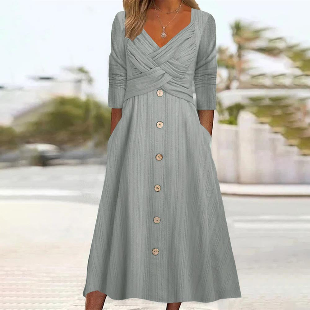 Solid Color Long Sleeve V-Neck Cross Button Casual Dress Long Skirt