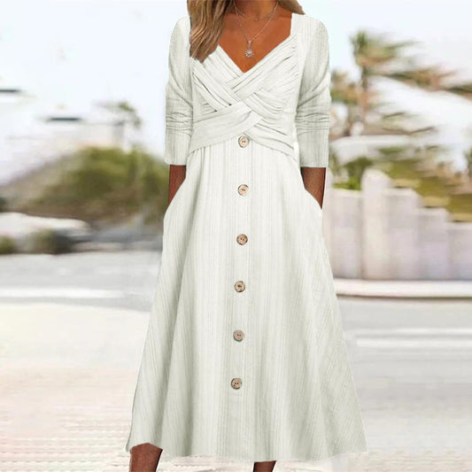 Solid Color Long Sleeve V-Neck Cross Button Casual Dress Long Skirt