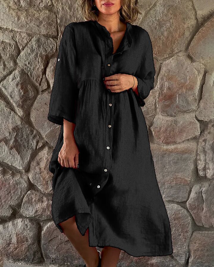 Solid Color Casual Stand Up Collar Button Up Long Dress