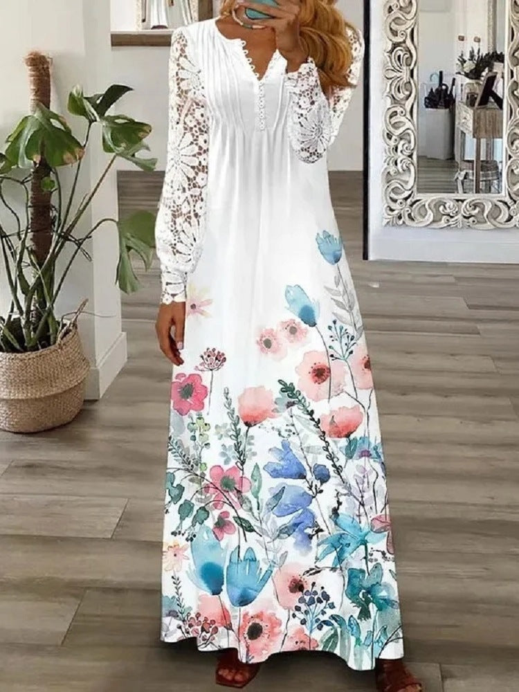 Lace Lace Long Sleeved V-Neck Long Dress