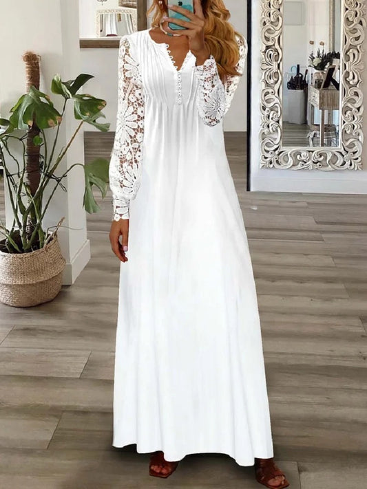 Lace Lace Long Sleeved V-Neck Long Dress