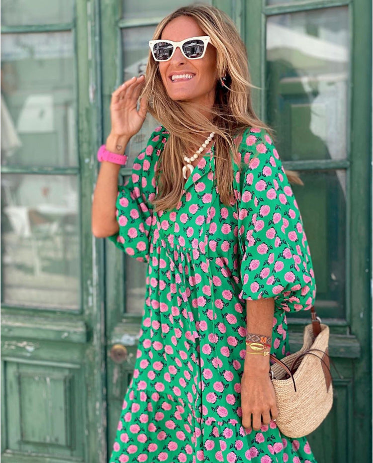 Geometric Print Frock With Puffy Sleeves