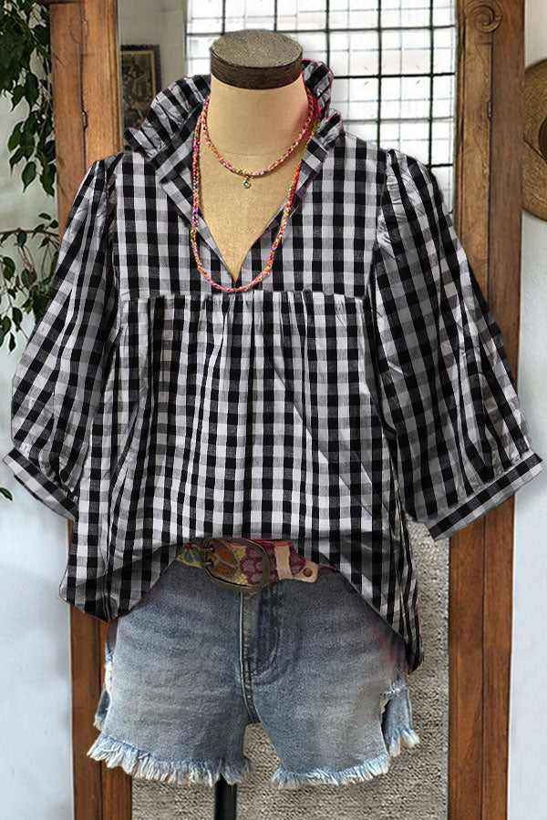 Classic Plaid Print Puff Sleeve V-neck Top