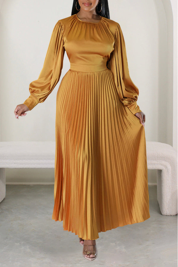 Satin Lantern Sleeve Pleated Maxi Dress