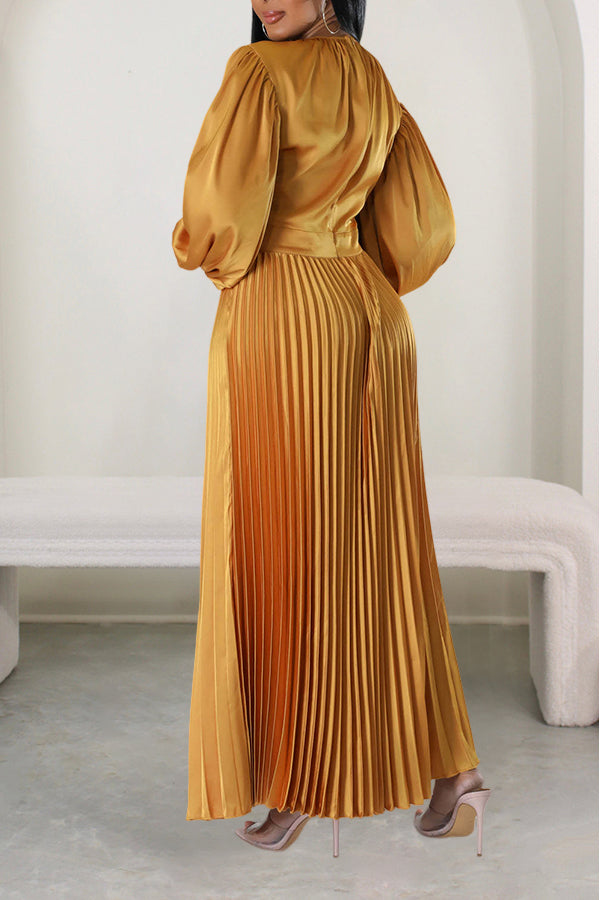 Satin Lantern Sleeve Pleated Maxi Dress