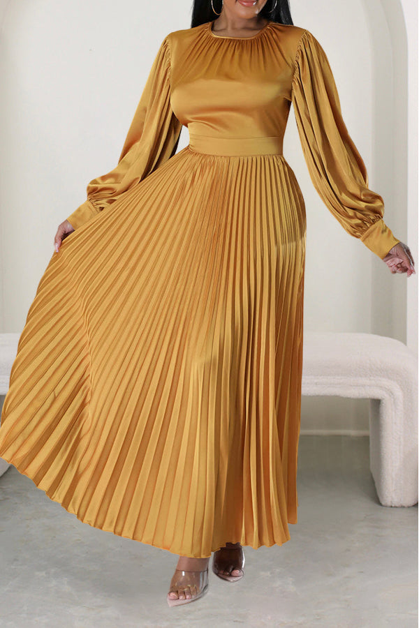 Satin Lantern Sleeve Pleated Maxi Dress