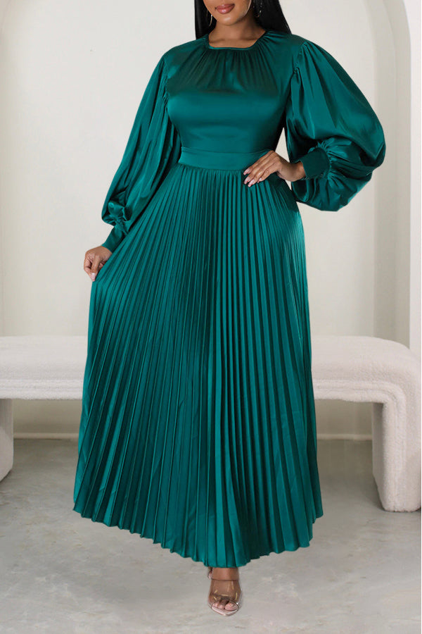 Satin Lantern Sleeve Pleated Maxi Dress