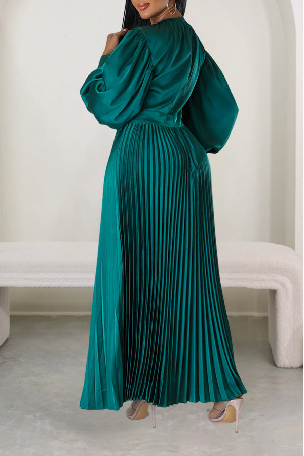 Satin Lantern Sleeve Pleated Maxi Dress