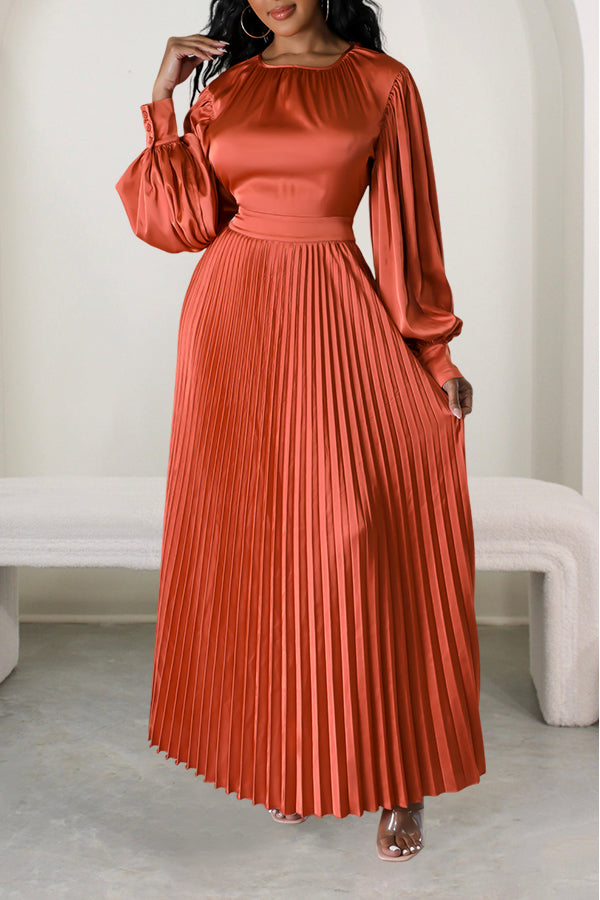 Satin Lantern Sleeve Pleated Maxi Dress