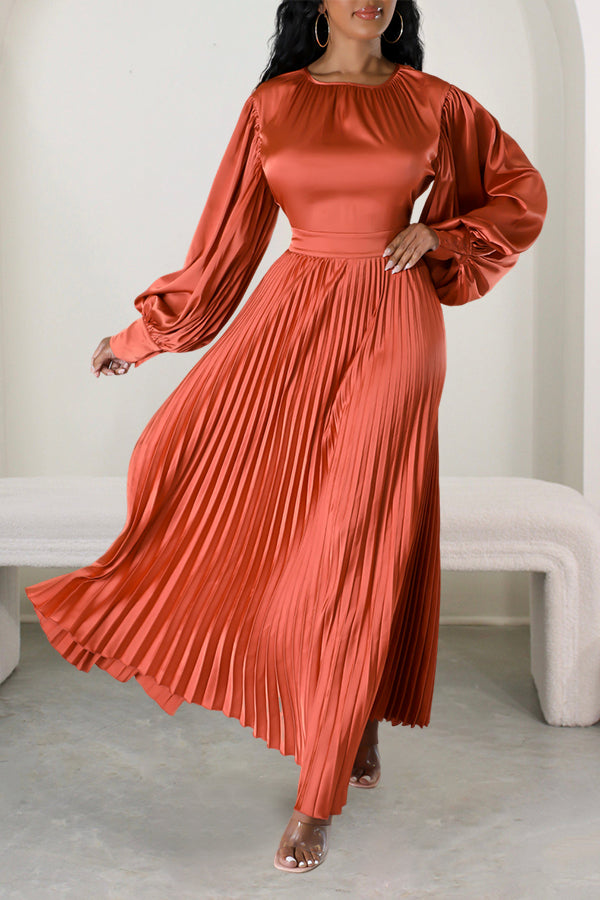 Satin Lantern Sleeve Pleated Maxi Dress