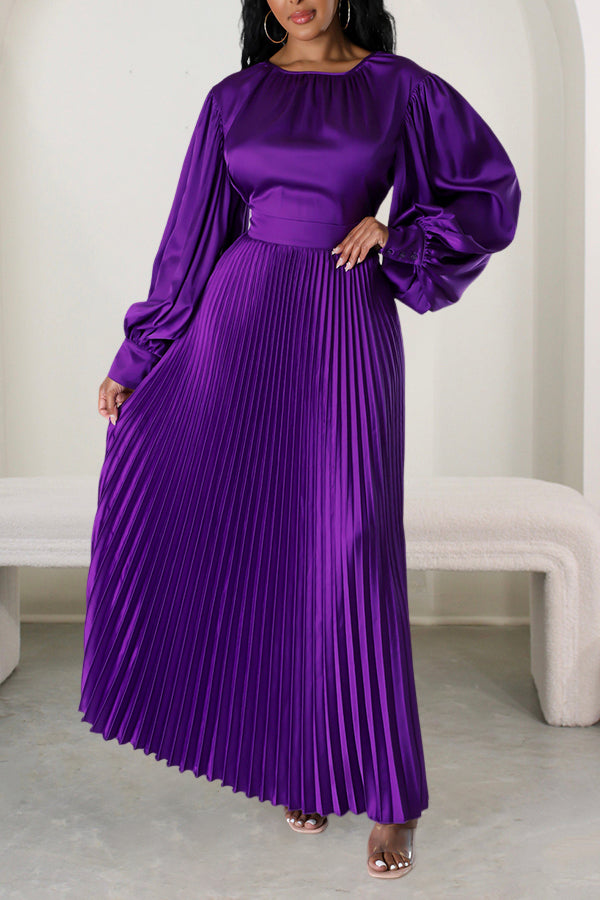 Satin Lantern Sleeve Pleated Maxi Dress