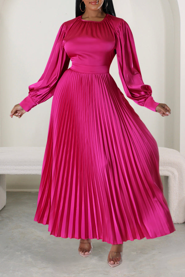 Satin Lantern Sleeve Pleated Maxi Dress