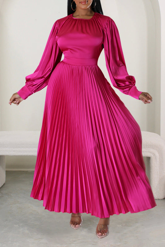 Satin Lantern Sleeve Pleated Maxi Dress