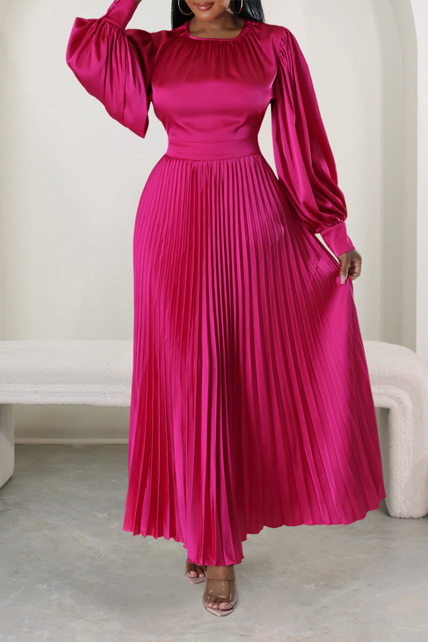 Satin Lantern Sleeve Pleated Maxi Dress