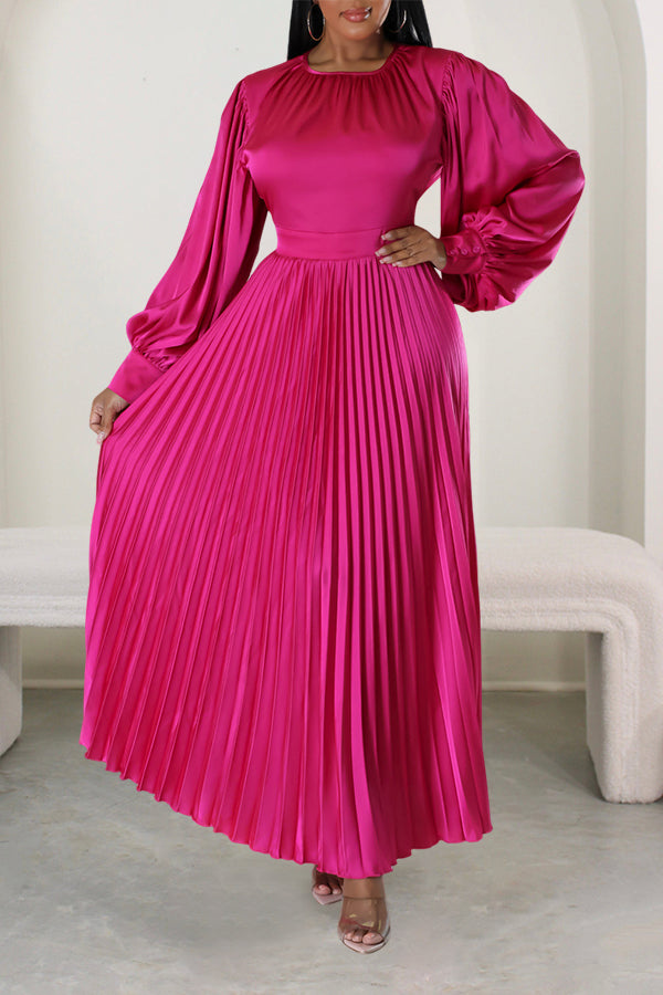 Satin Lantern Sleeve Pleated Maxi Dress