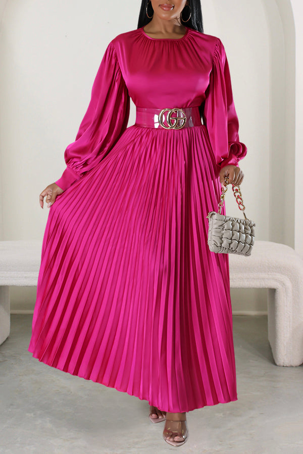 Satin Lantern Sleeve Pleated Maxi Dress