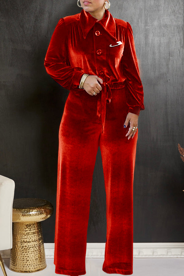 Elegant Velour Lantern Sleeve Top & Pants Set