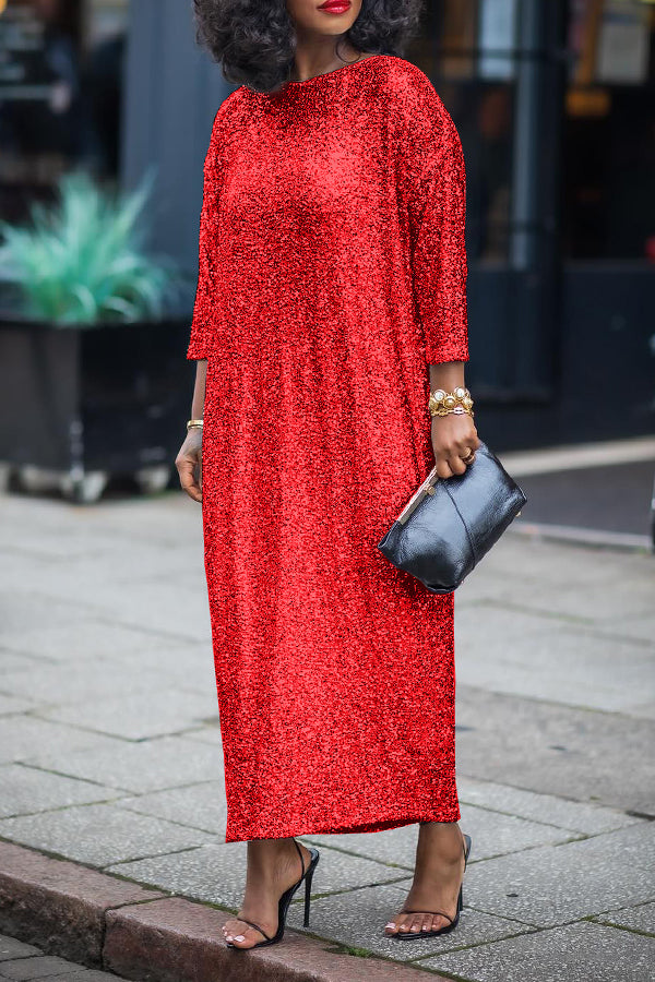 Glittery Sequin Drop Shoulder Maxi Dress