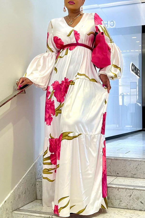 Elegant Floral Print Trumpet Sleeve Maxi Dress