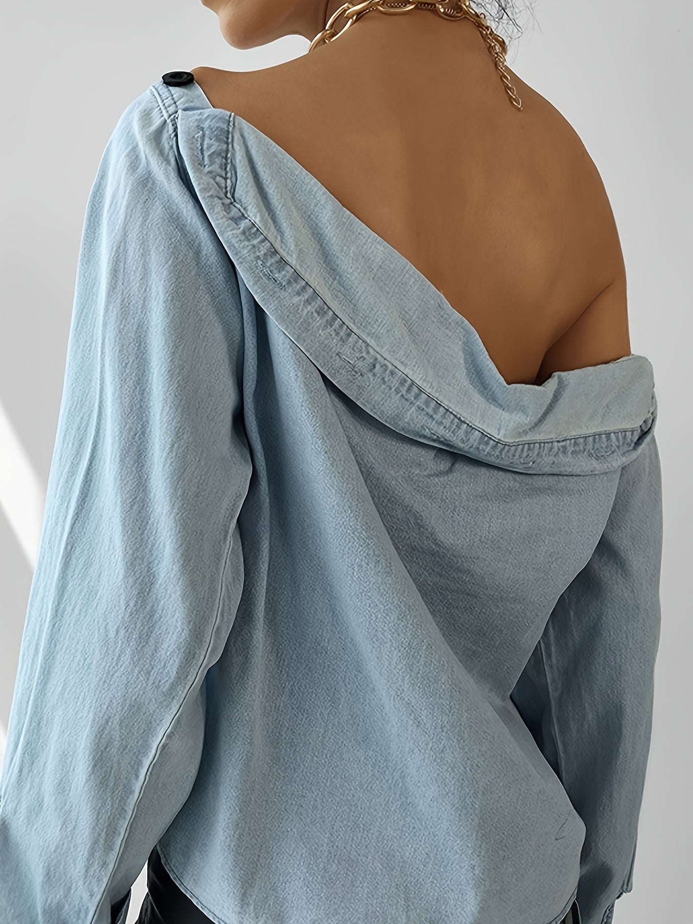 Button Off Shoulder Chic Denim Blouse